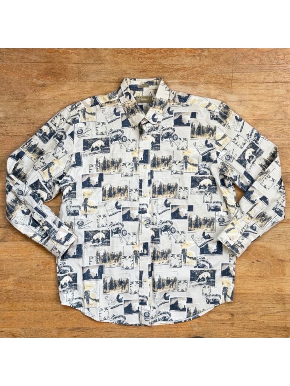 Vintage Mens Wilderness Camping Shirt Size Medium Bear Compass Forest Print  Uni